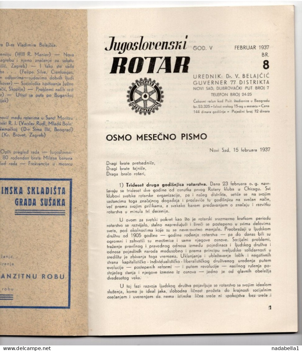 1937. KINGDOM OF SHS,SERBIA,NOVI SAD,ROTARY CLUB MONTHLY MAGAZINE,ROTARY INTERNATIONAL.52 PAGES - Altri & Non Classificati