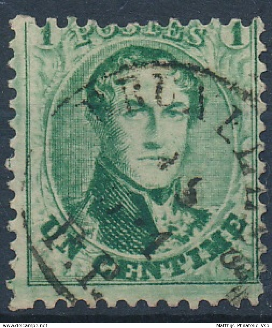 [O SUP] N° 13, 1c Vert-jaune (dentelure 12.5) - Obl Centrale 'Bruxelles PP' - Cote: 90€ - 1863-1864 Médaillons (13/16)