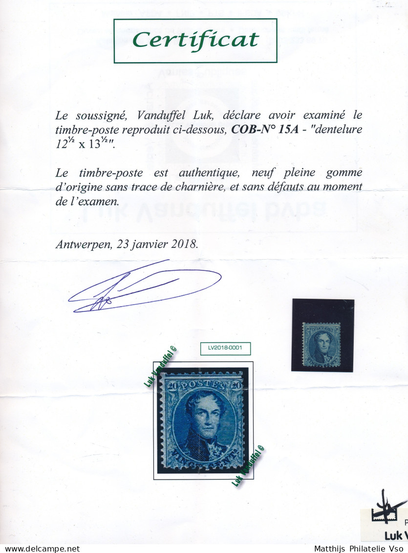 [** SUP] N° 15A, 20c Bleu,  Fraîcheur Postale - Certificat Photo Vanduffel - Cote: 660€ - 1863-1864 Medallions (13/16)