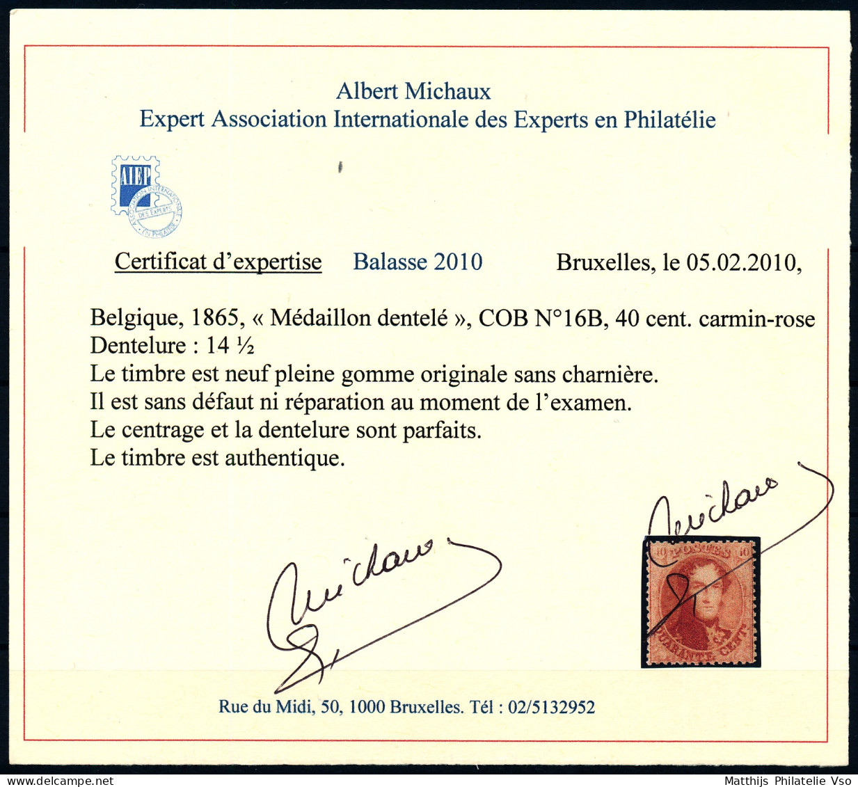 [** SUP] N° 16B, 40c Carmin-rose, Centrage Parfait. Fraîcheur Postale - Certificat Photo. LUXE - Cote: 56525€ - 1863-1864 Medallions (13/16)