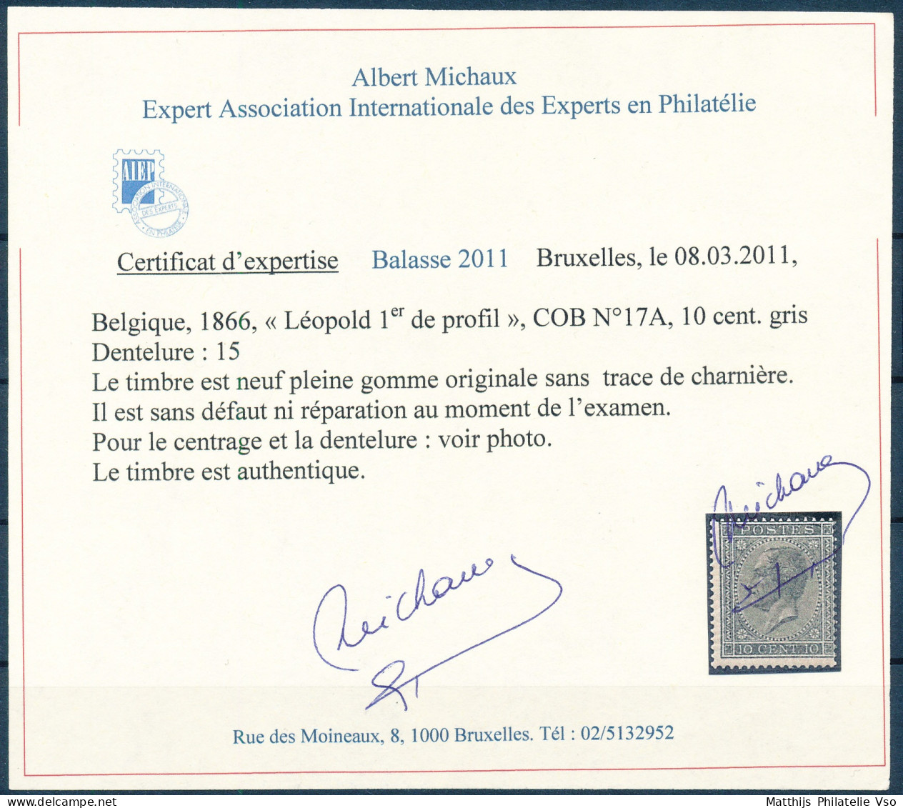 [** SUP] N° 17A, 10c Gris, Fraîcheur Postale - Certificat Photo. LUXE - Cote: 1134€ - 1865-1866 Profil Gauche