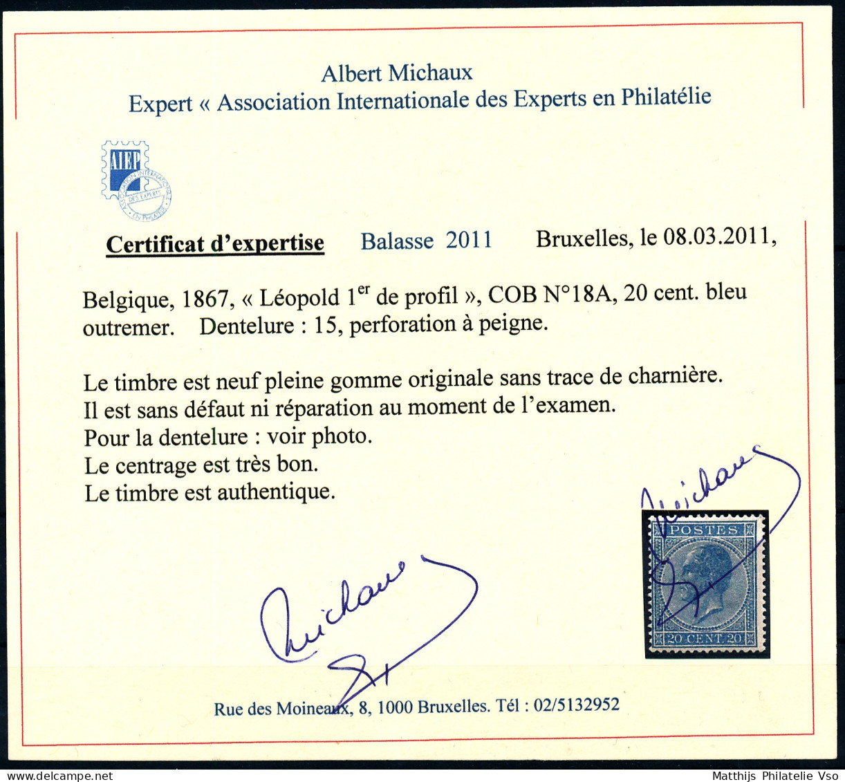 [** B/TB] N° 18A, 20c Bleu Outremer, Fraîcheur Postale (gomme Légèrement Grattée) - Certificat Photo - Cote: 1930€ - 1865-1866 Profil Gauche