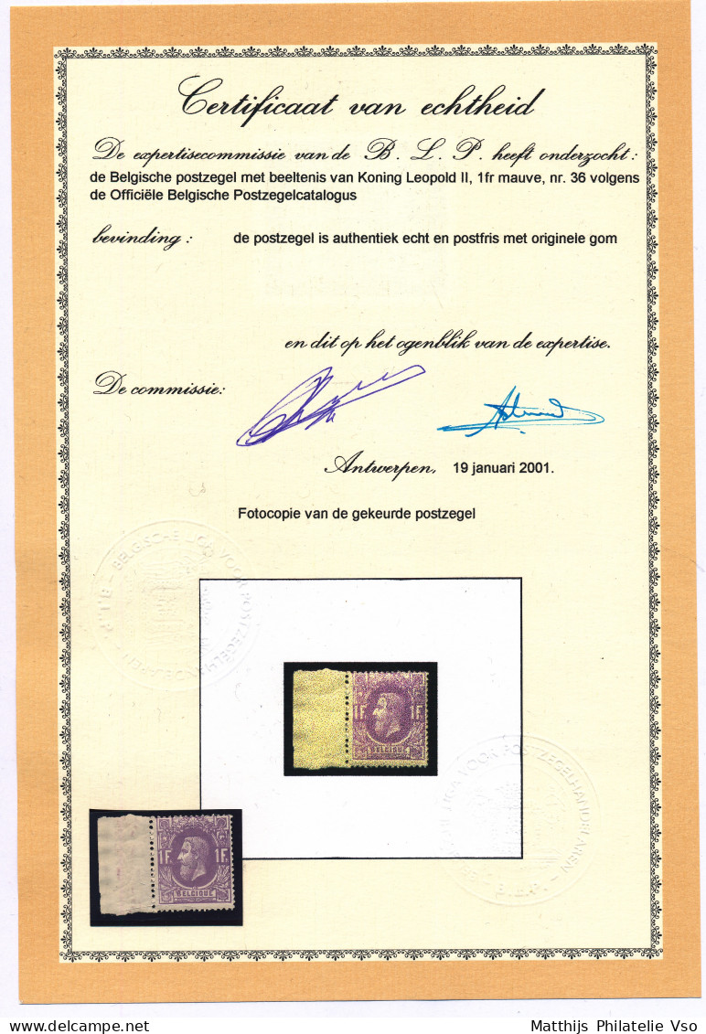 [** SUP] N° 36, 1F Mauve, Fraîcheur Postale Et Bord De Feuille - Certificat Photo De La BLP. Splendide - Cote: 1600€ - 1869-1883 Leopold II