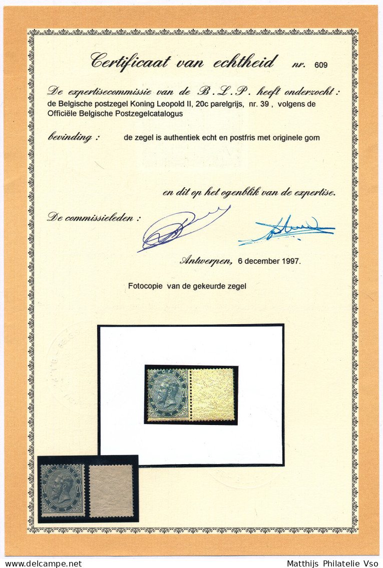 [** SUP] N° 39, 20c Gris Perle, Fraîcheur Postale - Certificat Photo BLP (le Bord De Feuille A été Détâché Depuis Le Cer - 1869-1883 Leopold II.