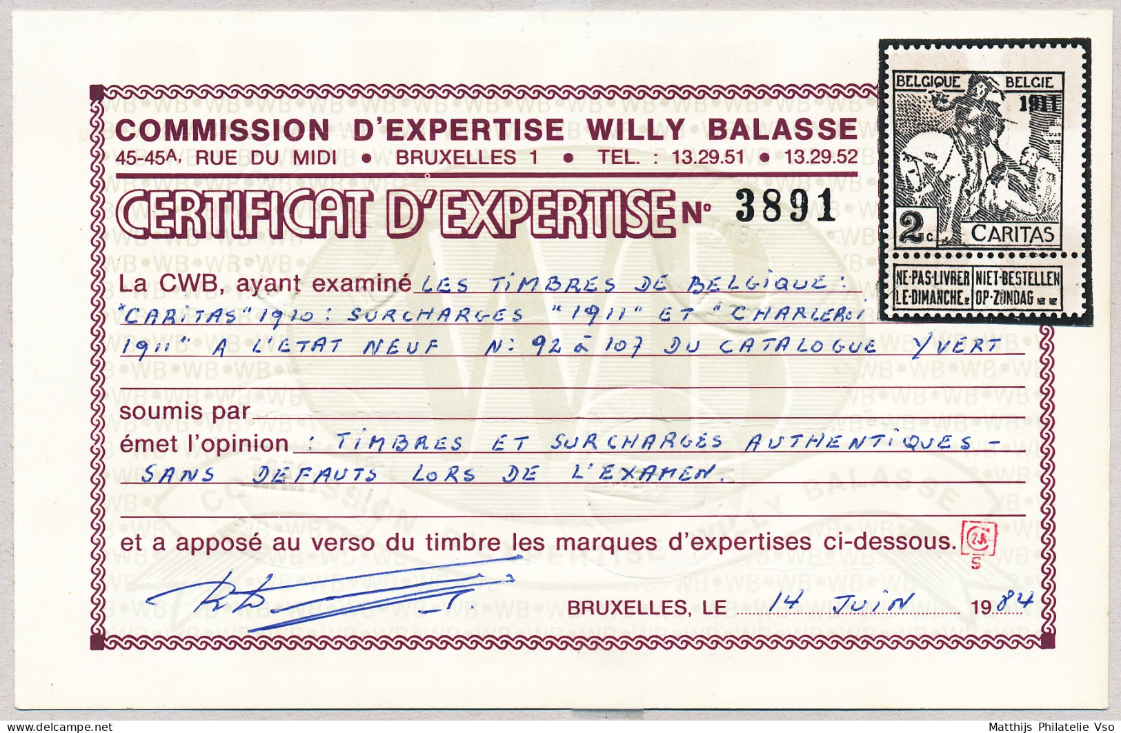 [** SUP] N° 92/99, '1911', La Série Complète, Fraîcheur Postale - Certificat Photo Willy Balasse - Cote: 2635€ - 1910-1911 Caritas