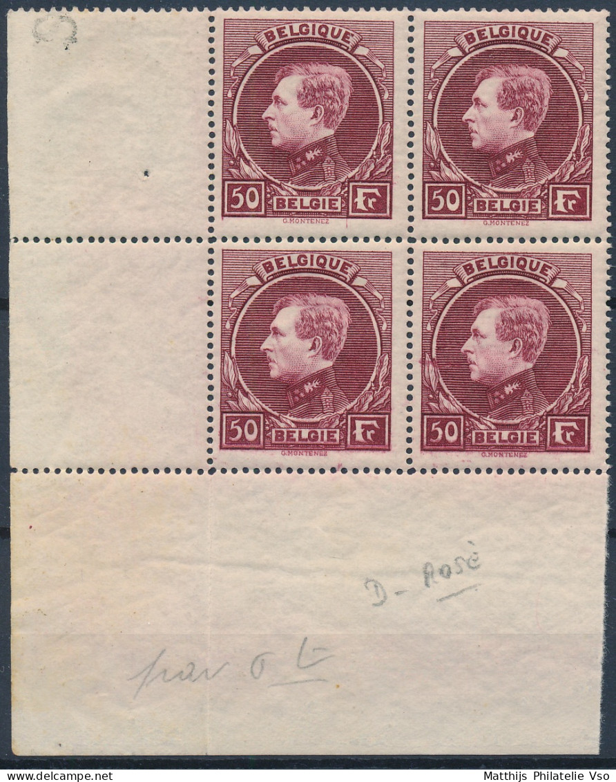 [** SUP] N° 291D, 50F Lie De Vin Rosé En Bloc De 4, Coin De Feuille - Fraîcheur Postale - Cote: 1540€ - 1929-1941 Big Montenez