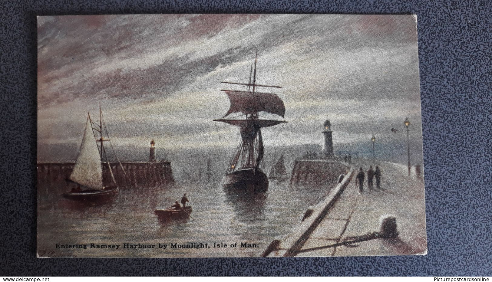 ENTERING RAMSAY HARBOUR BY MOONLIGHT OLD COLOUR ART POSTCARD ISLE OF MAN - Isle Of Man