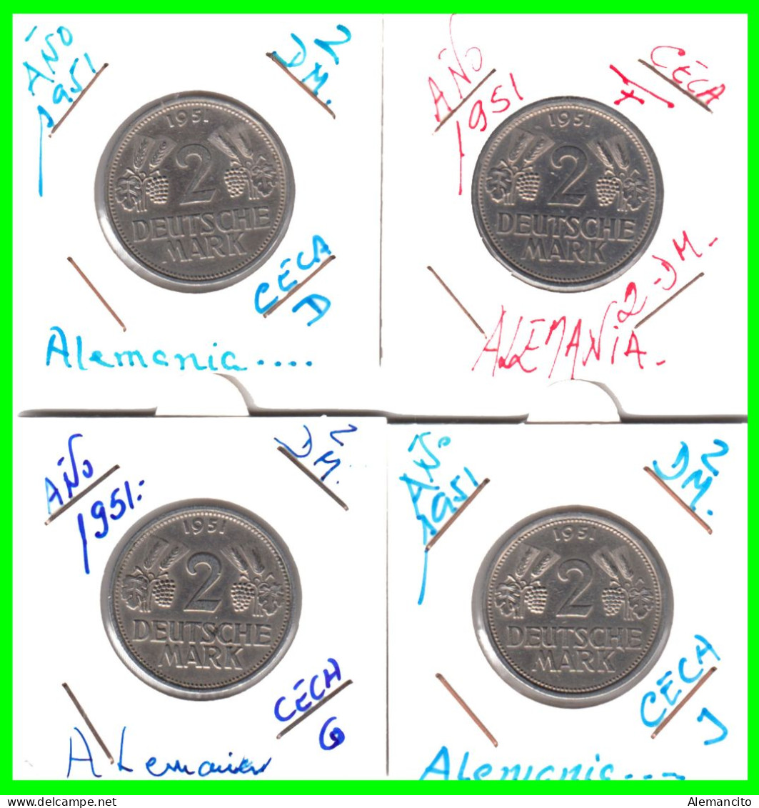 ALEMANIA - DEUTSCHLAND - GERMANY - COLECCIÓN - 4 -MONEDAS DE 2.00 DM DEL AÑO 1951 DE LAS CECAS D.F.G.J - COPPER-NICKEL - 2 Mark