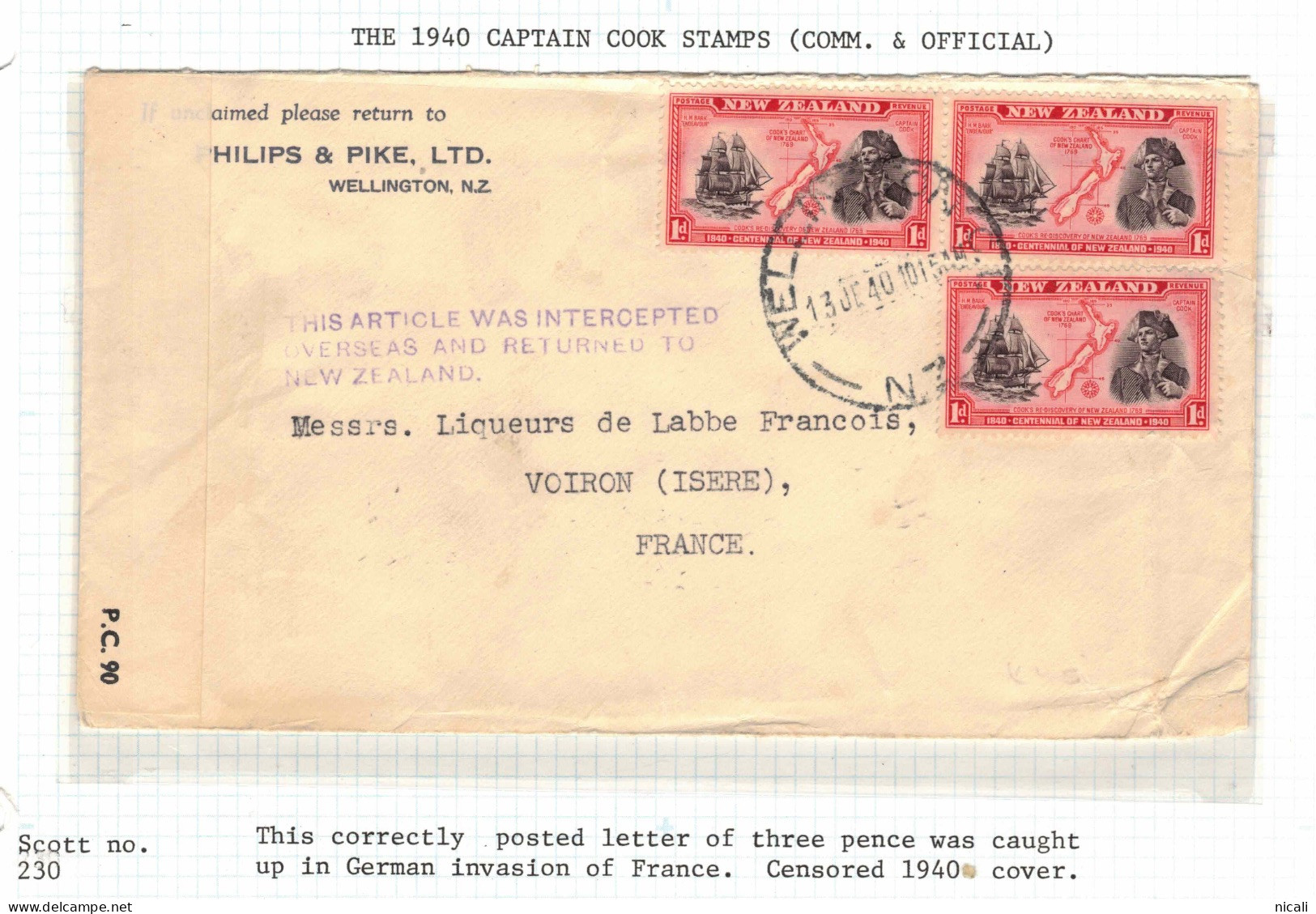 NZ 1940 Cover To France (13 June 1940) Intercepted And Returned U #CFM30 - Briefe U. Dokumente