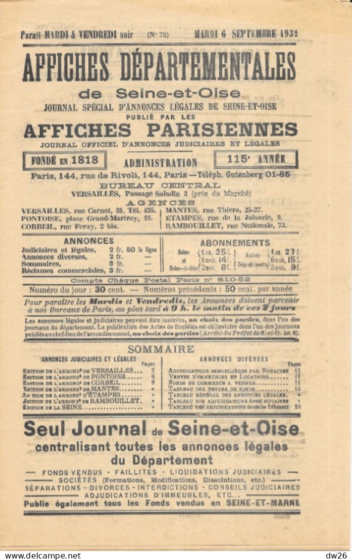 Affiches Départementales De Seine-et-Oise - Journal Officiel D'annonces Légales Et Judiciaires Septembre 1932 - Decretos & Leyes