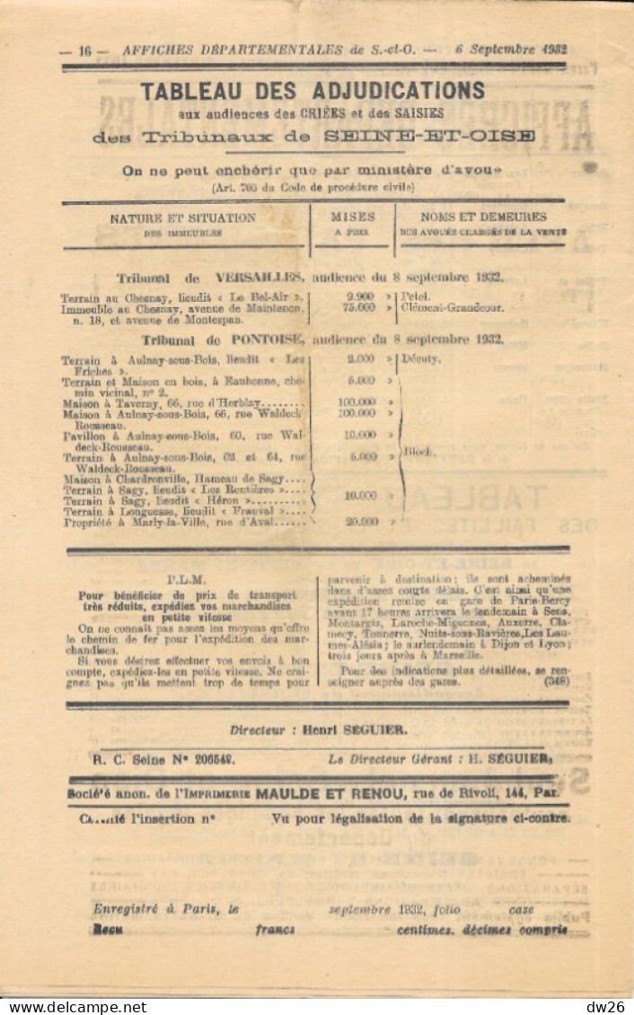 Affiches Départementales De Seine-et-Oise - Journal Officiel D'annonces Légales Et Judiciaires Septembre 1932 - Decrees & Laws