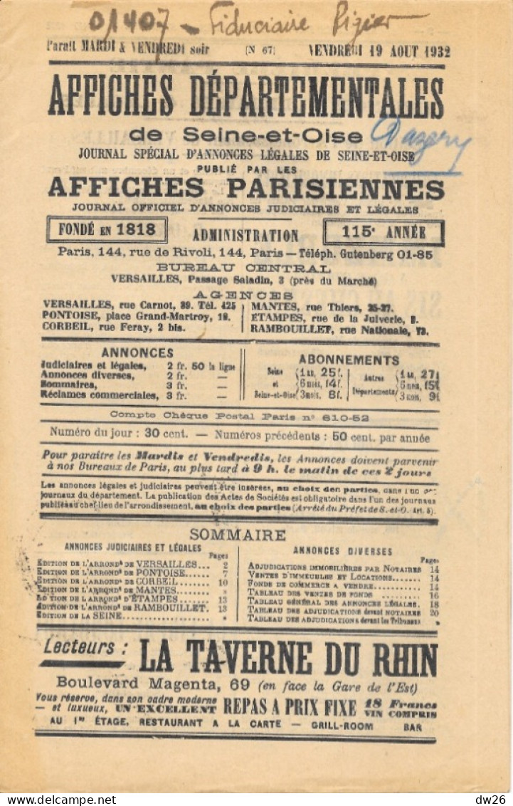 Affiches Départementales De Seine-et-Oise - Journal Officiel D'annonces Légales Et Judiciaires Août 1932 - Wetten & Decreten