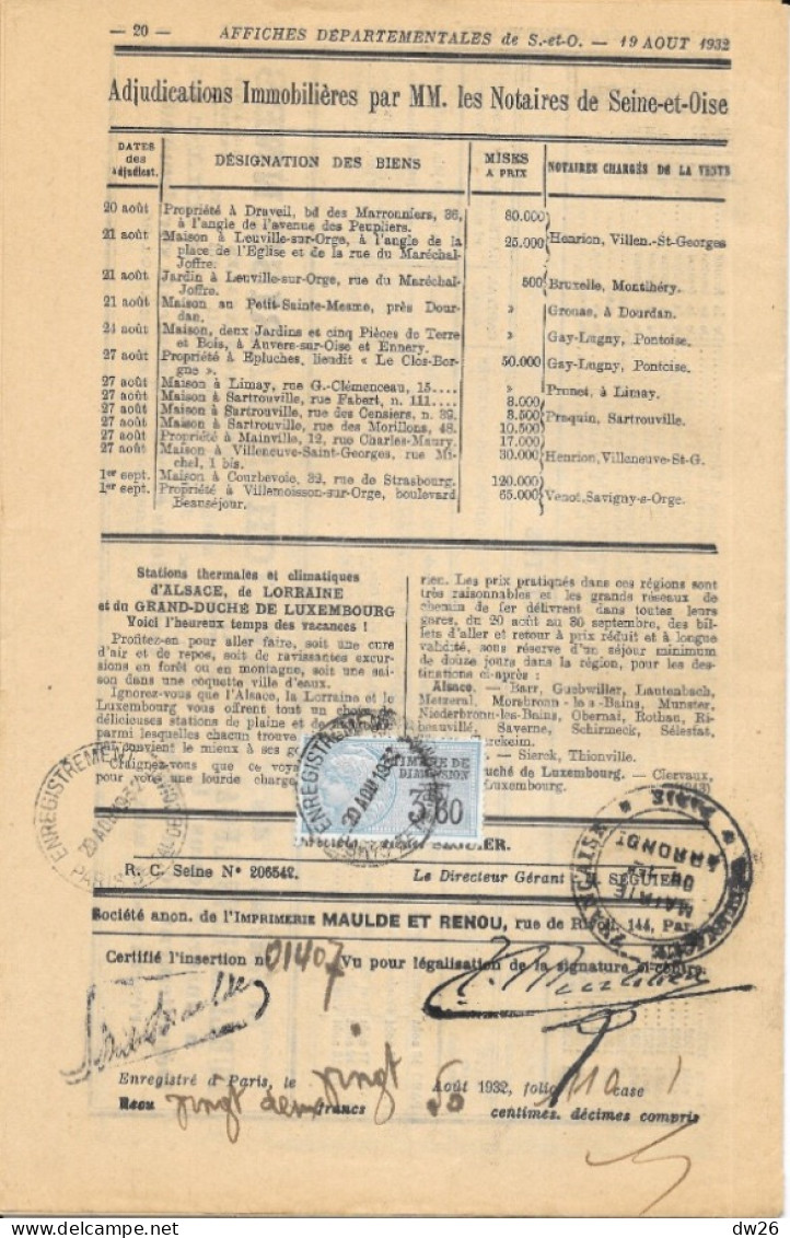 Affiches Départementales De Seine-et-Oise - Journal Officiel D'annonces Légales Et Judiciaires Août 1932 - Wetten & Decreten