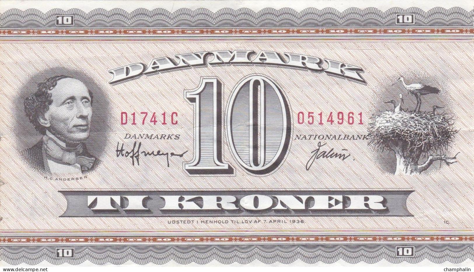 Danemark - Billet De 10 Kroner - H.C. Andersen - Loi 7 Avril 1936 - Non Daté (1974) - P44z - Dinamarca