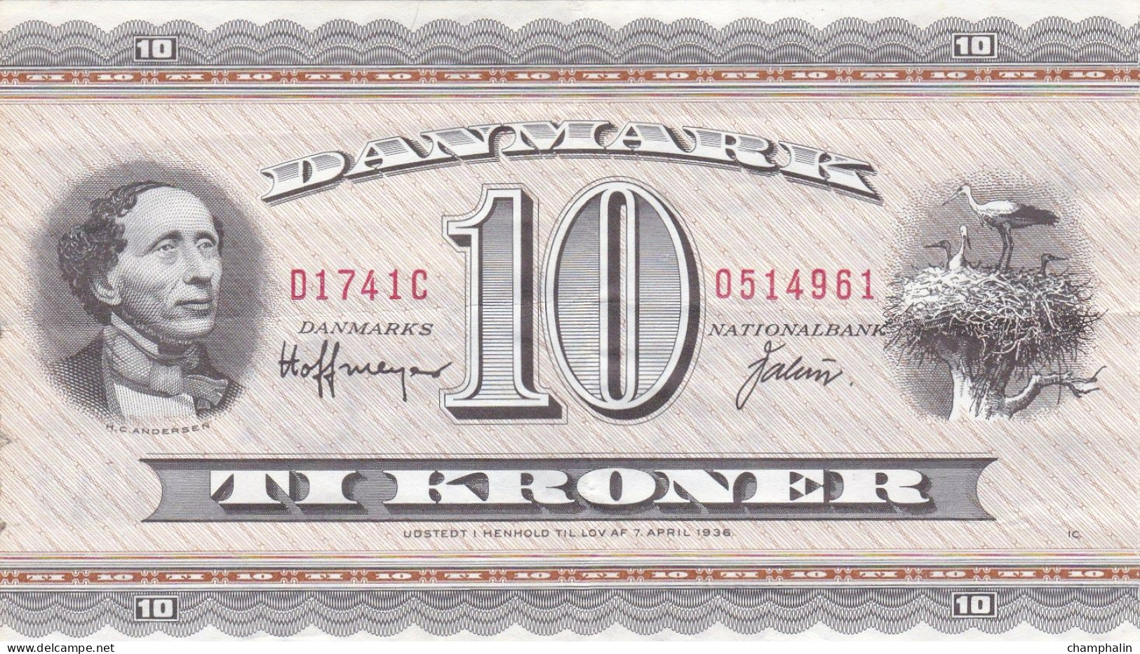 Danemark - Billet De 10 Kroner - H.C. Andersen - Loi 7 Avril 1936 - Non Daté (1974) - P44z - Denmark