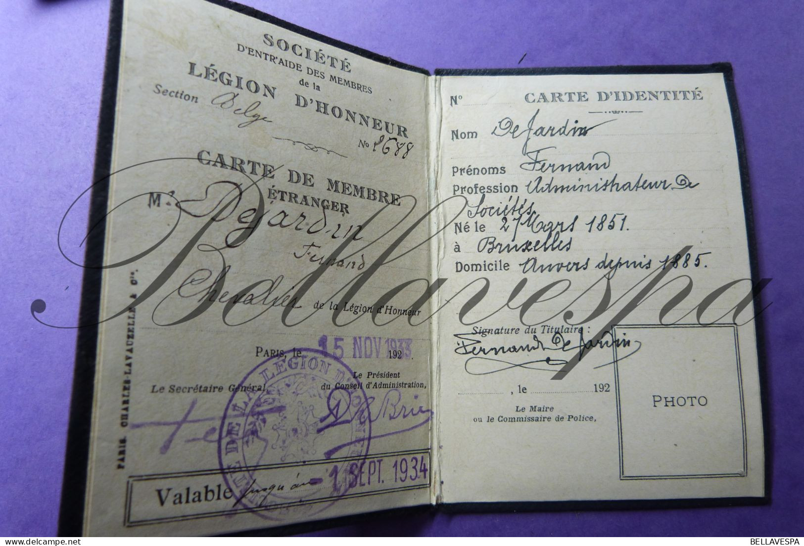 Soc. Légion D'Honneur Belge N° 2688 Membre Administrateur DEJARDIN Fernand "Chevalier" 1933 Né 1851 Domicile Antwerpen - Membership Cards