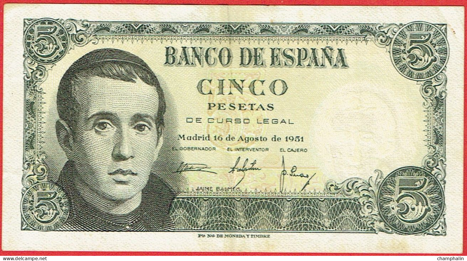 Espagne - Billet De 5 Pesetas - Jaime Balmes - 16 Août 1951 - P140a - 5 Pesetas