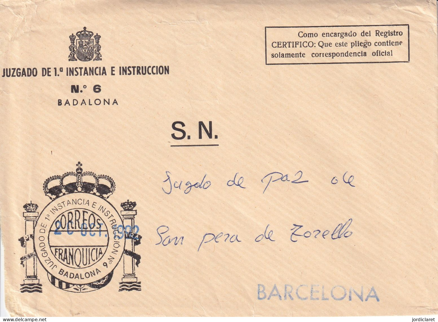 JUZGADO   1992   BADALONA - Franchigia Postale