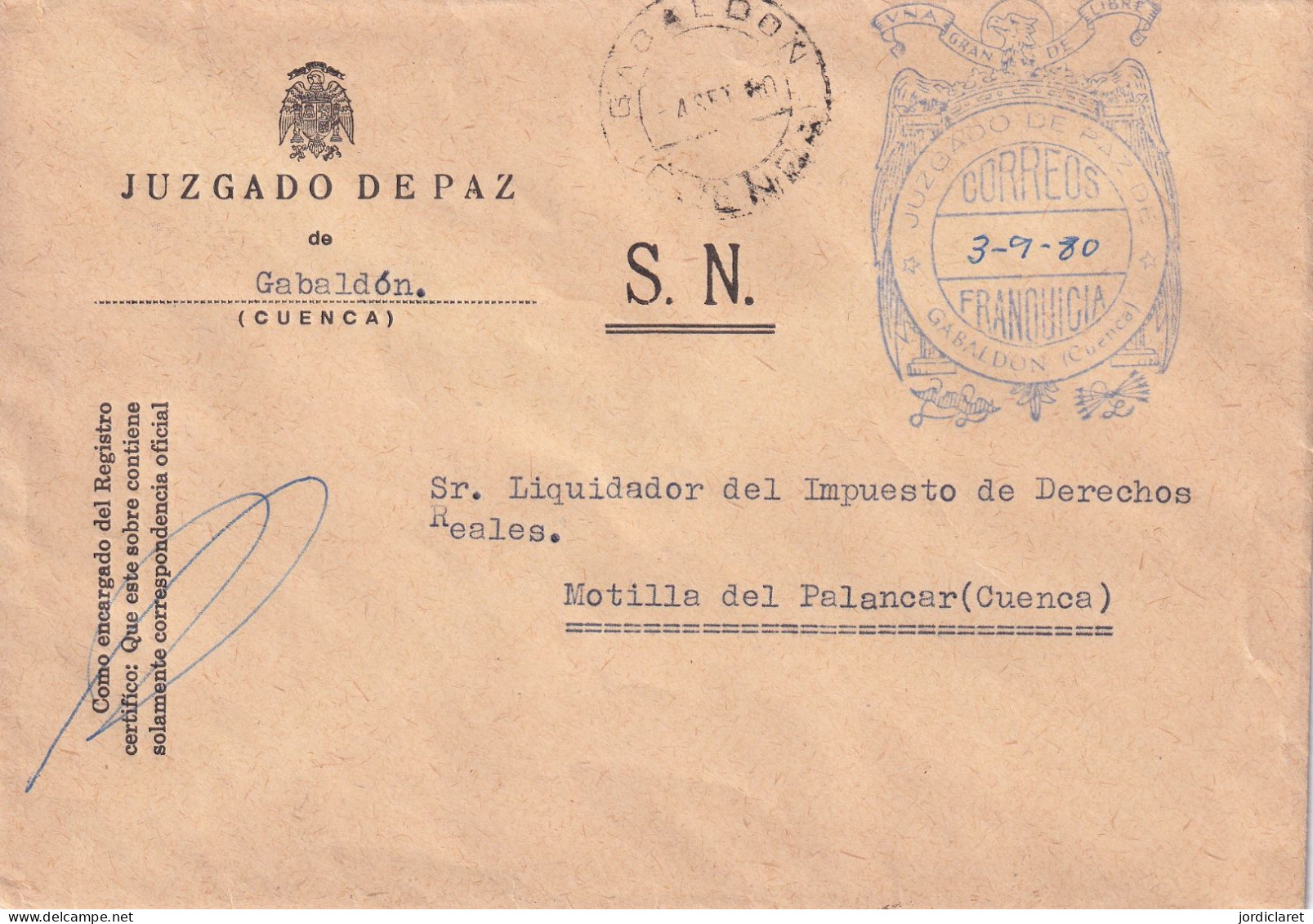 JUZGADO  DE PAZ  1980  GABALDON   CUENCA - Postage Free