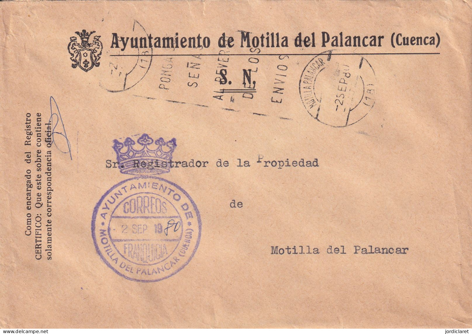 AYUNTAMIENTO  1980  MONTILLA DEL PALANCAR  CUENCA - Postage Free