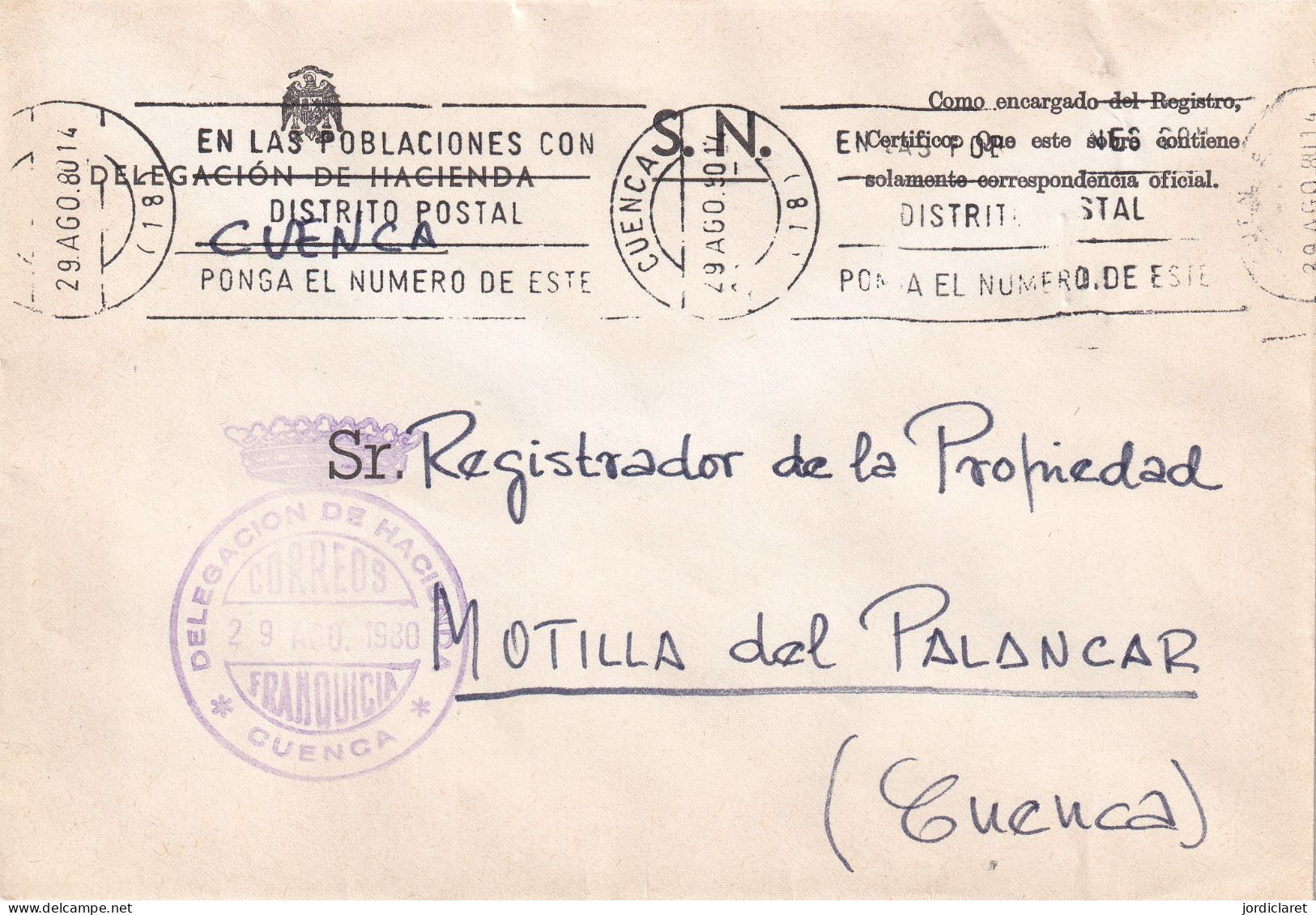 DELEGACION DE HACIENDA  1980    CUENCA - Franchise Postale