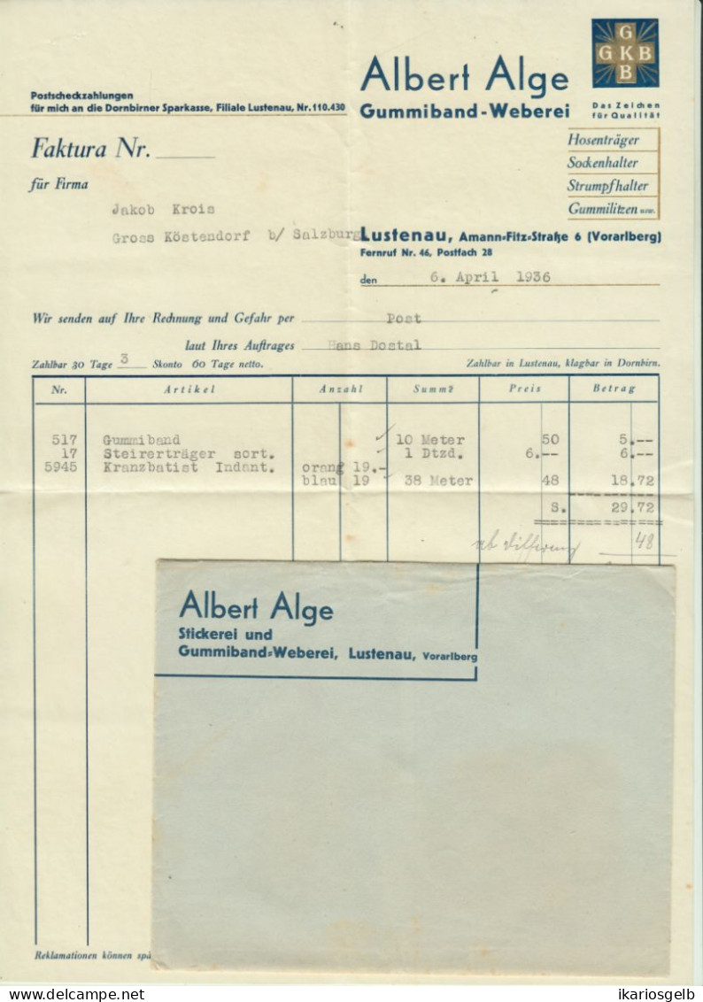 LUSTENAU Vorarlberg Deko Rechnung 1936 + Versandcouvert " Albert Alge Gummibandweberei " - Autriche
