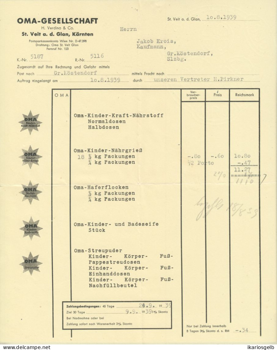 St. VEIT A D Glan Kärnten Deko Rechnung 1939 " OMA-Gesellschaft H.Verdino & Co Kleinkinder-Bedarf Nährmittel " - Autriche