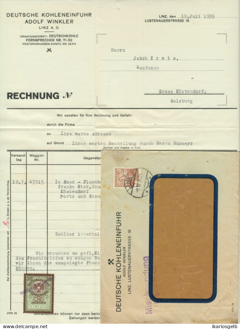 LINZ OÖ Deko Rechnung 1935 " A.Winkler Kohleneinfuhr " + Fiskalmarke + Fr. Geschäftscouvert Stempelmarke - Österreich