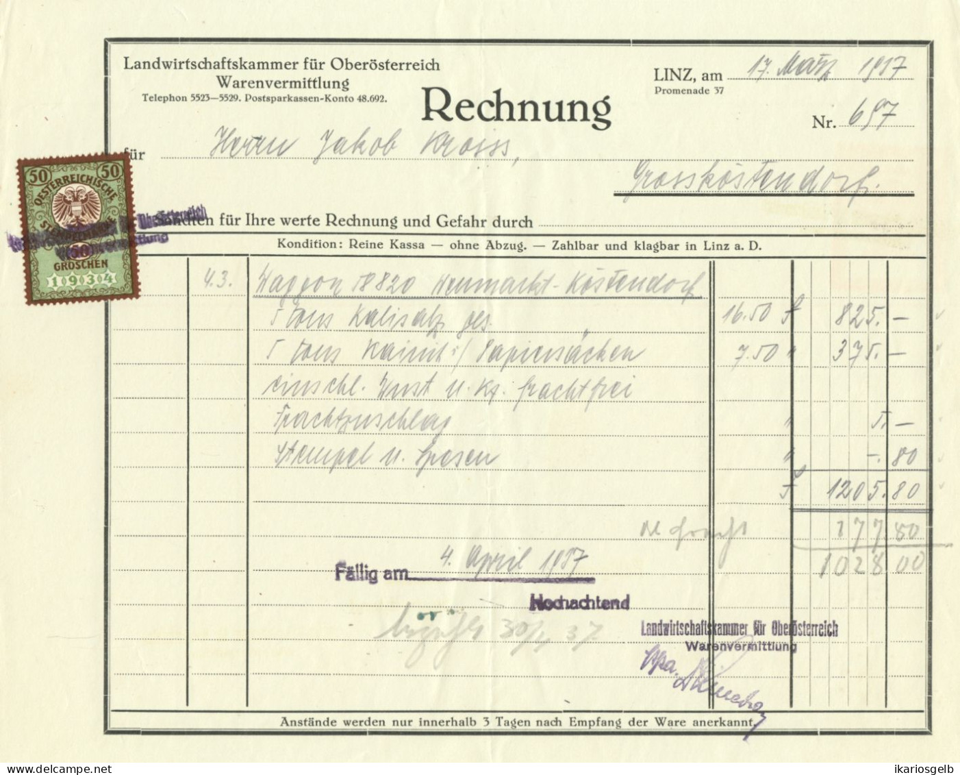 LINZ OÖ Deko Rechnung 1937 " Warenvermittlung Landwirtschaftskammer " + Fiskalmarke Stempelmarke - Österreich