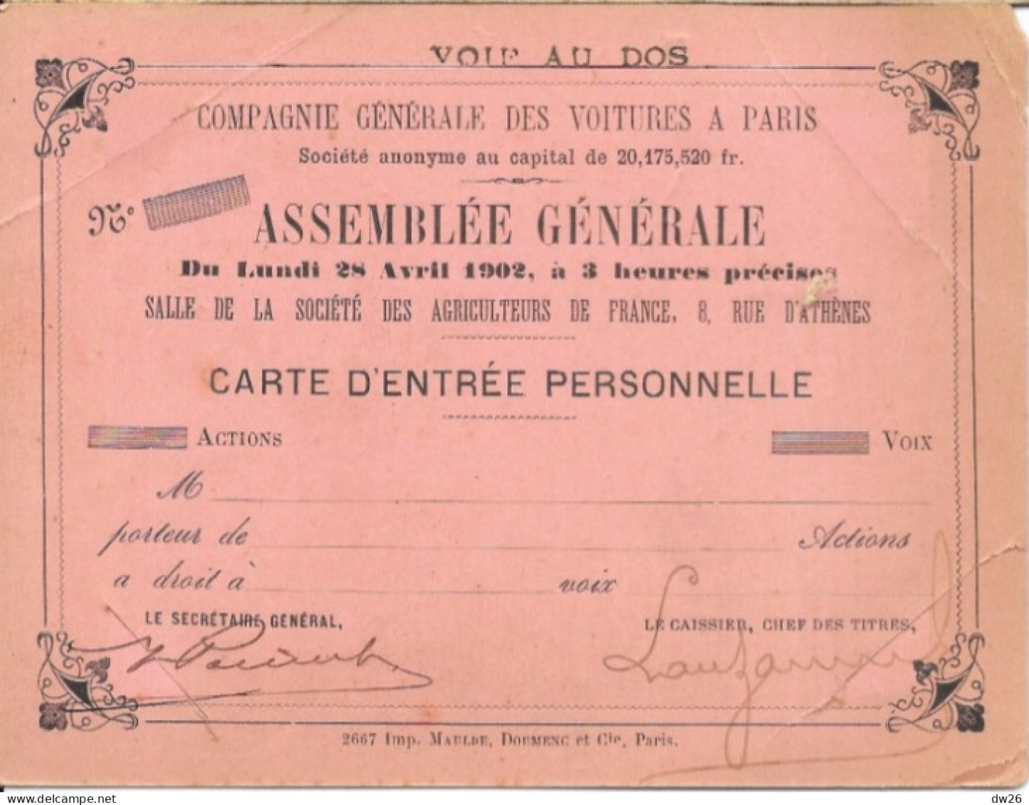 Compagnie Générale Des Voitures à Paris - Carte D'Entrée Pour L'Assemblée Générale 28 Avril 1902 - Automobili