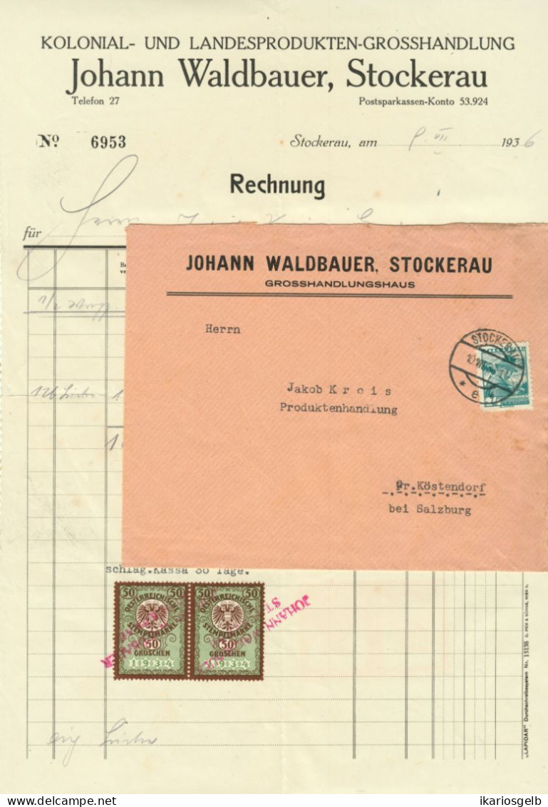 STOCKERAU Bei Korneuburg Weinviertel NÖ Deko Rechnung 1936 " Johann Waldbauer " + Fiskalmarke + Fr.Geschäftscouvert - Austria