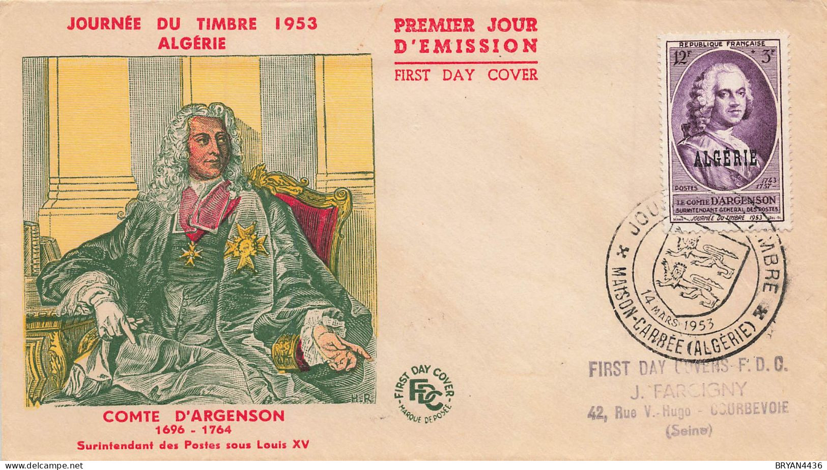 ALGERIE - FDC - 1953 - COMTE D' ARGENSON - LETTRE  - JOURNEE Du TIMBRE MAISON CARREE - TRES BON ETAT - FDC