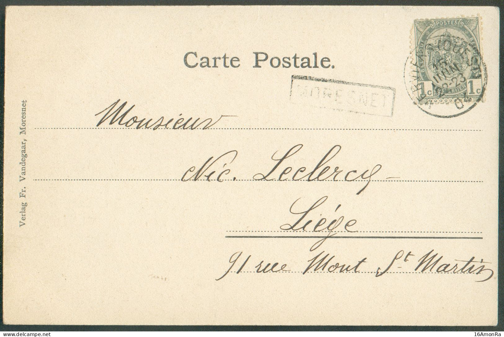 CANTONS De L'EST - N°53 - 1c. Obl. Sc VERVIERS (OUEST) Sur C.P. (Vue Générale De Moresnet) Du 15 Juin 1904 + Griffe MORE - Linear Postmarks