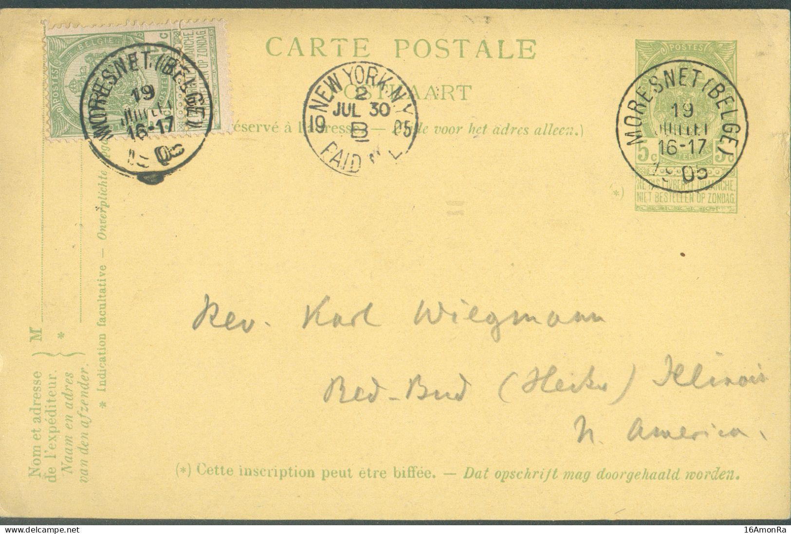 CANTONS De L'EST - E.P. Carte 5c + Tp N°56 Obl. Sc MORESNET (BELGE) Du 19 Juillet 1905 Vers Illinois (USA° Via New York - Cartoline 1871-1909