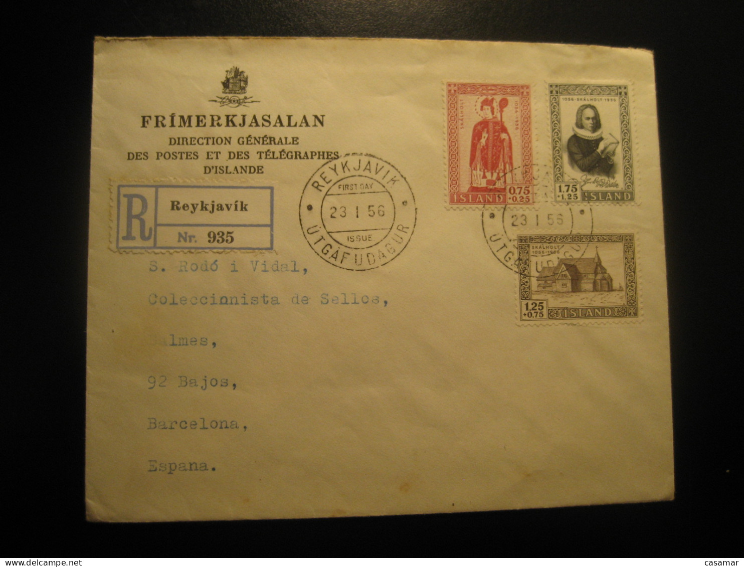 REYKJAVIK 1956 To Spain Skalholt Registered FDC Cancel Cover ICELAND - Briefe U. Dokumente