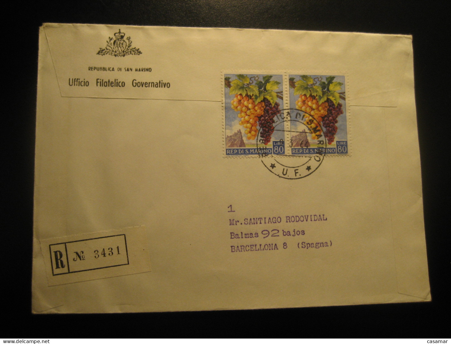SAN MARINO 1964 To Spain Registered Cancel Cover Grape Raisin Wine Enology Stamp ITALY Italia - Brieven En Documenten