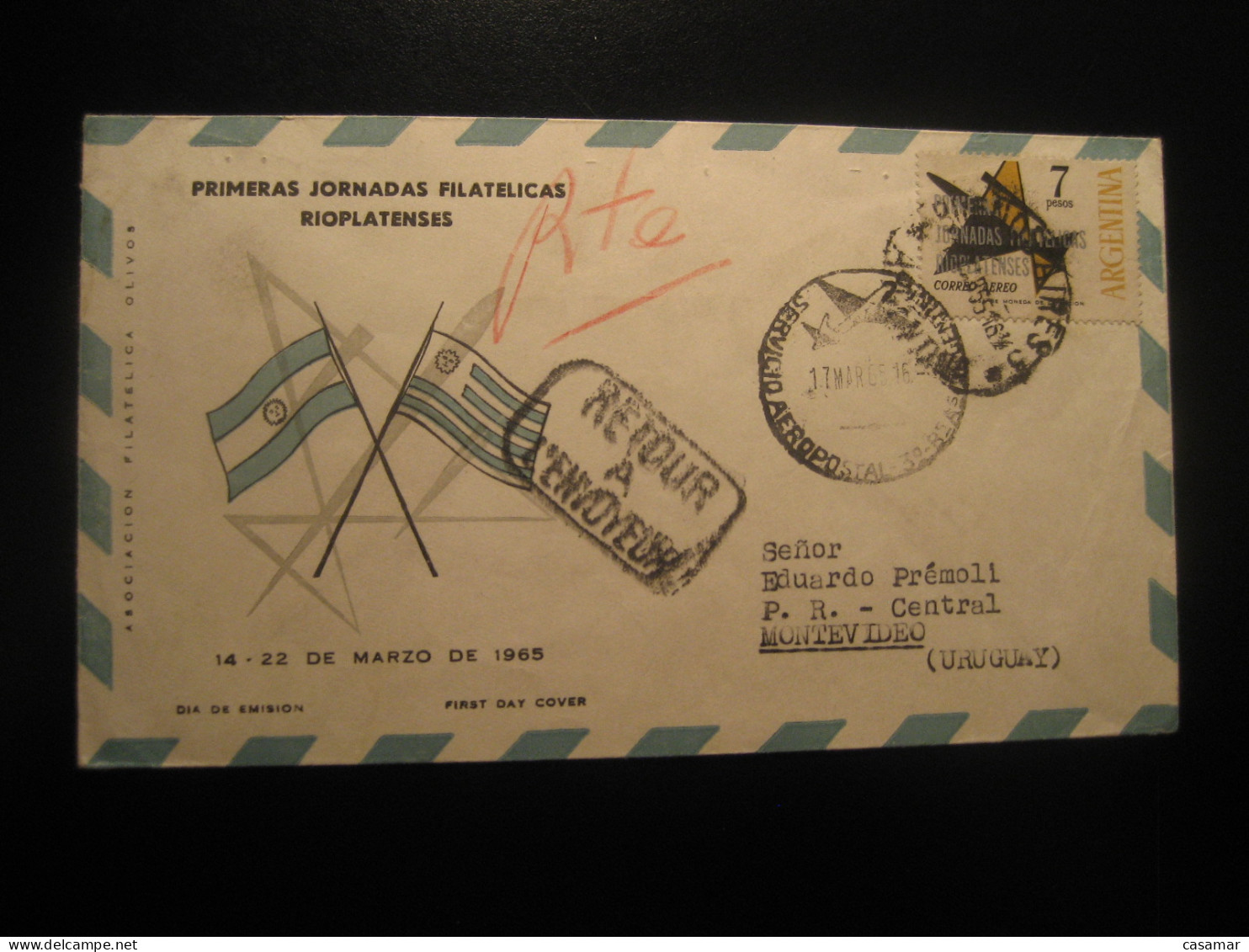 BUENOS AIRES 1965 To Montevideo Uruguay Rio De La Plata Overprinted Stamp Air Mail Cancel Cover ARGENTINA - Lettres & Documents