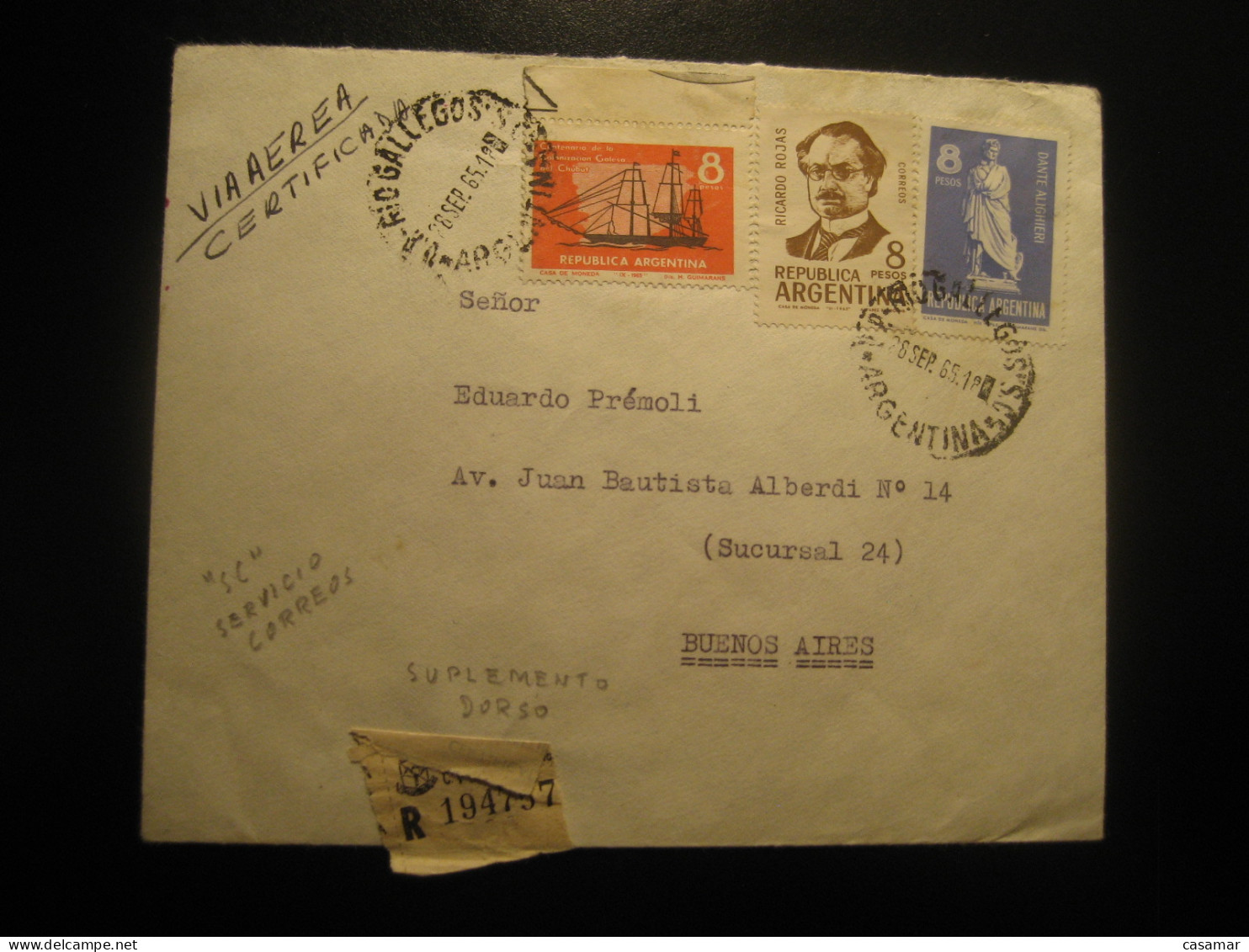 RIO GALLEGOS 1965 To Buenos Aires Registered Air Mail Cancel Cover ARGENTINA - Storia Postale