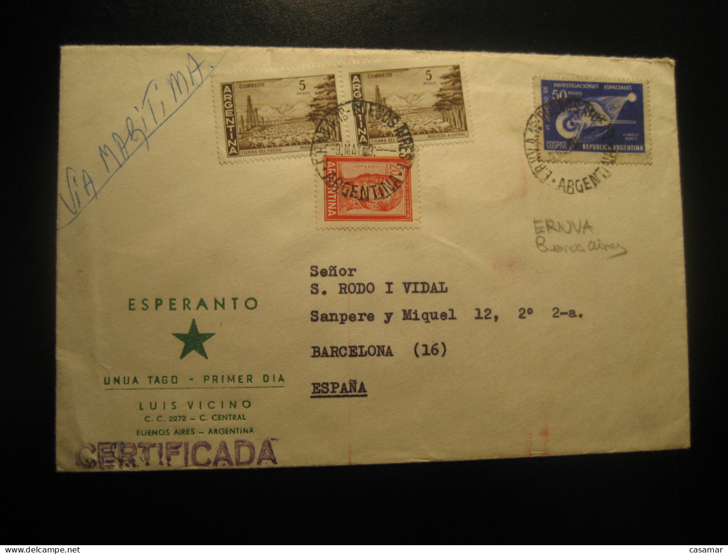 E.R.N.V.A. BUENOS AIRES 1969 To Spain Via Maritima Registered Cancel ESPERANTO Cover ARGENTINA - Cartas & Documentos