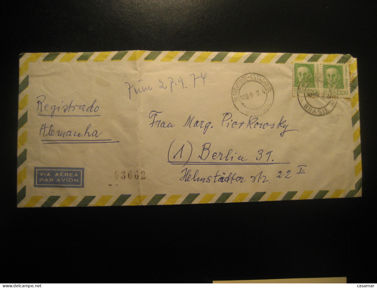 TREMENBE Station 1974 To Berlin Germany Registered Air Mail Cancel Folded Cover BRAZIL Brasil - Covers & Documents