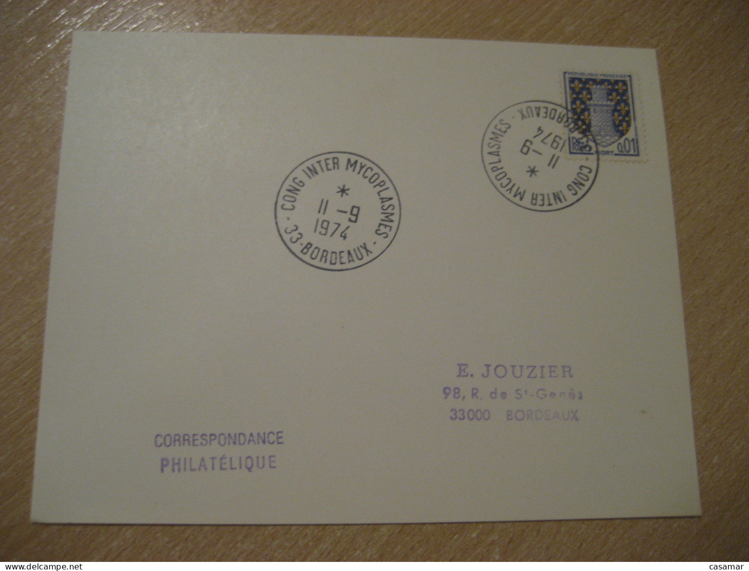 BORDEAUX 1977 Cong. Int. Mycoplasmes Health Sante Cancel Card FRANCE - Médecine