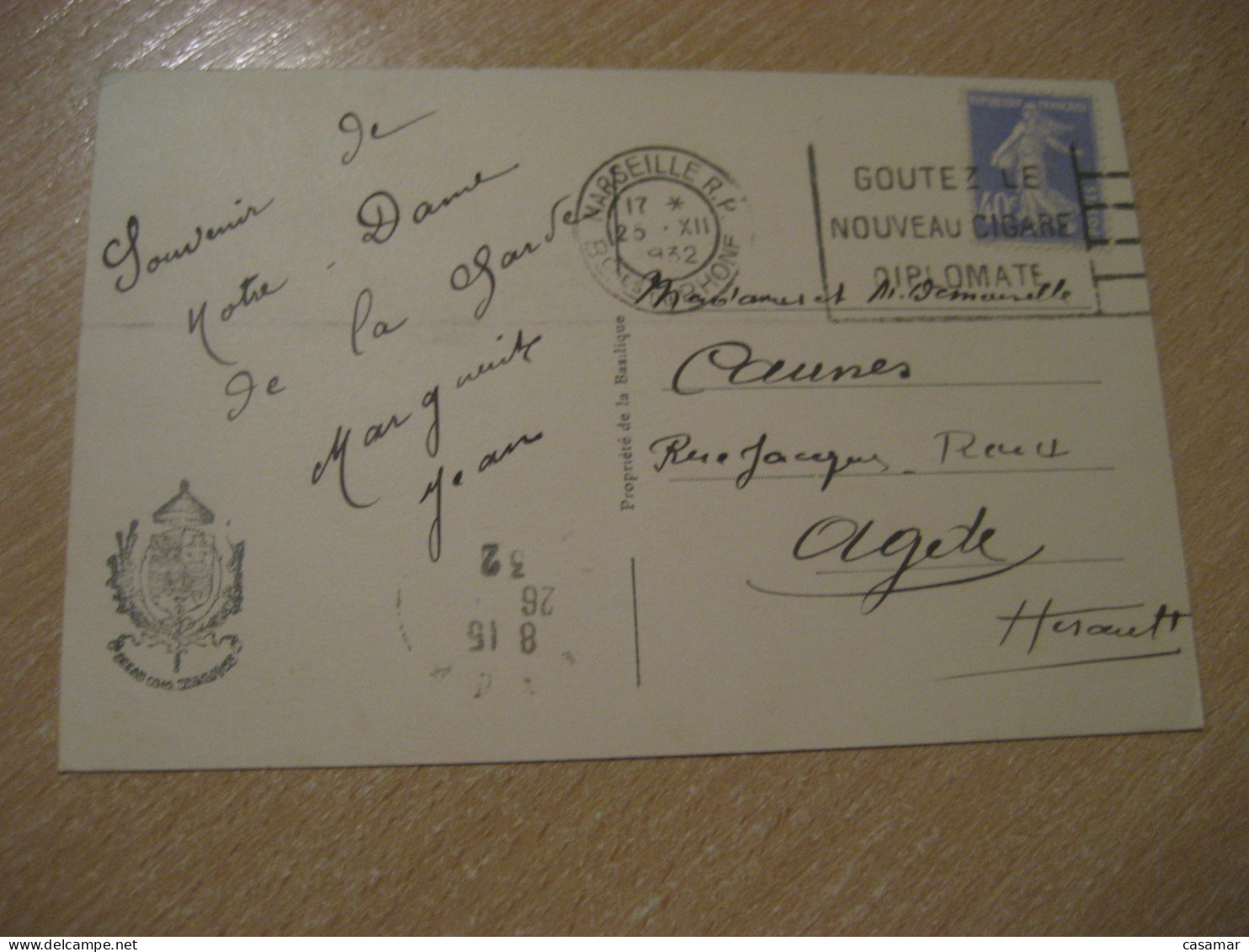 MARSEILLE 1932 To Agde Cigare Diplomade Tobacco Cancel N.D. De La Garde Postcard FRANCE - Tabacco