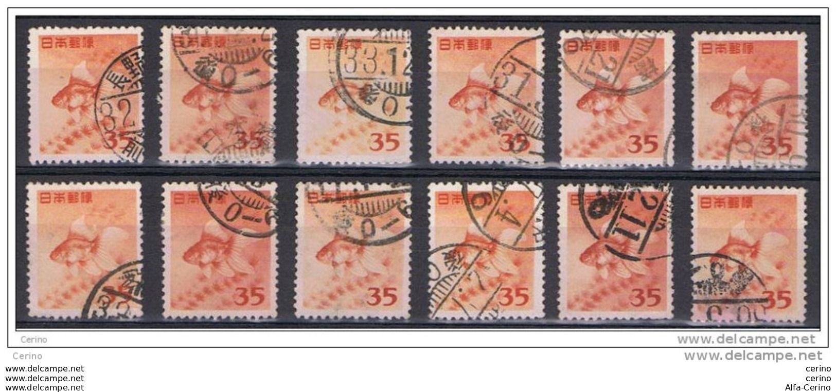 JAPAN:  1952  RED  FISH  -  35 Y. USED  STAMPS  -  REP.  12  EXEMPLARY  -  YV/TELL. 509 - Used Stamps