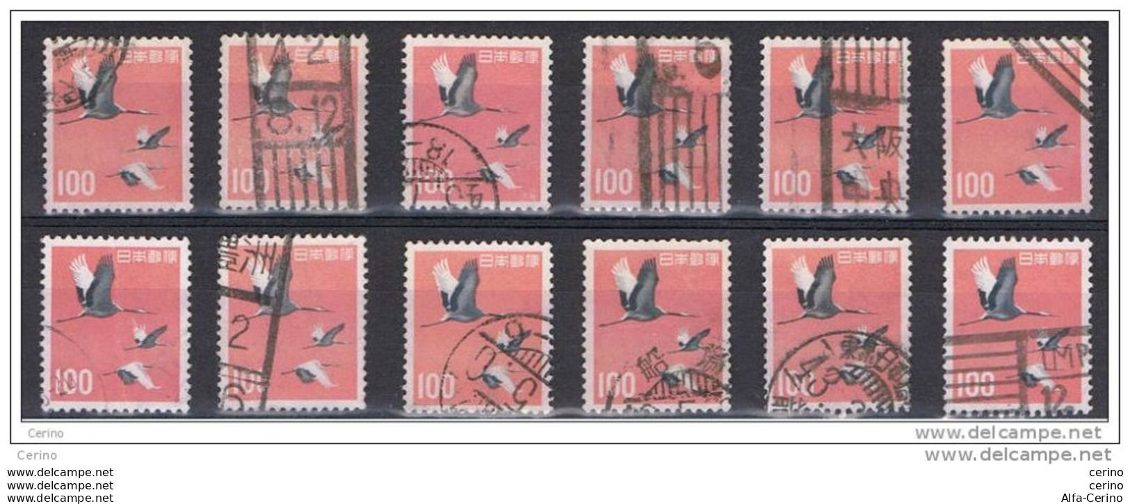 JAPAN:  1962/65  STORKS  -  100 Y. USED  STAMPS  -  REP.  12  EXEMPLARY  -  YV/TELL. 702 A - Usados