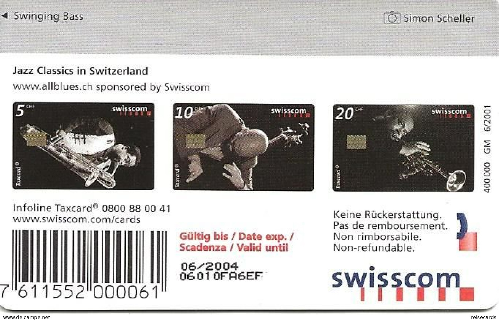 Switzerland: Swisscom CP101 Jazz Classics, Swinging Bass. GM4 - Schweiz