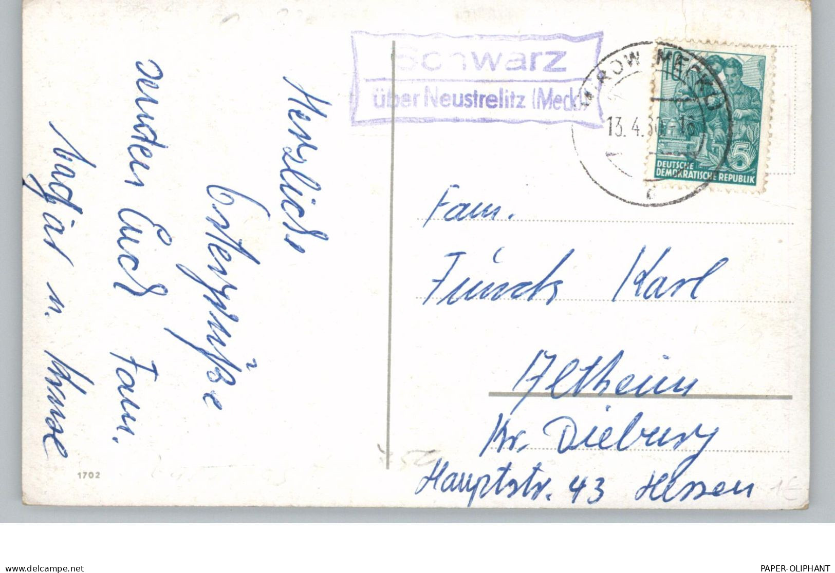 0-2070 RÖBEL - SCHWARZ, Postgeschichte, Landpoststempel "Schwarz über Neustrelitz", 1960 - Roebel
