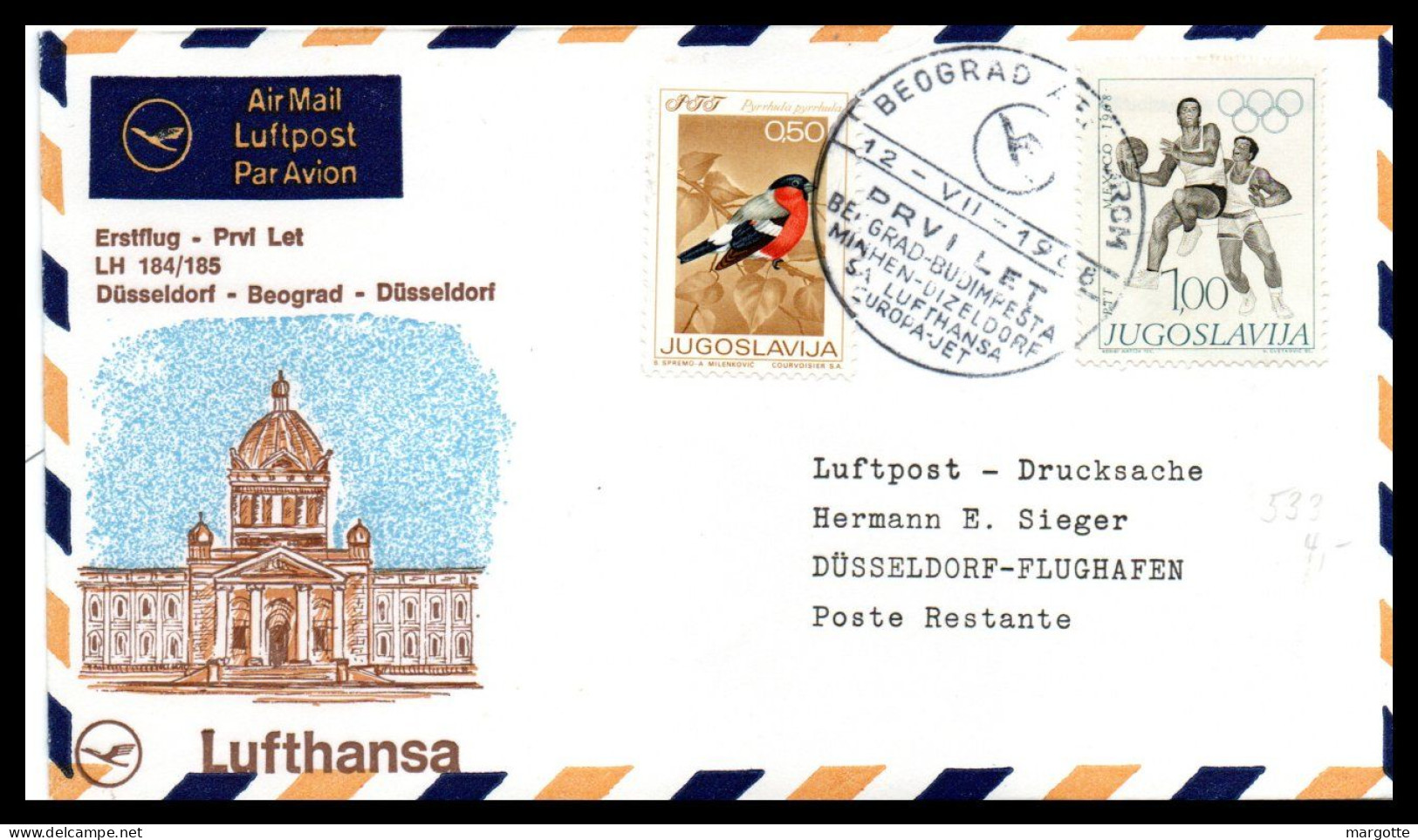 FFC Lufthansa  Dusseldorf-Beograd-Dusseldorf  12/07/1968 - Luftpost