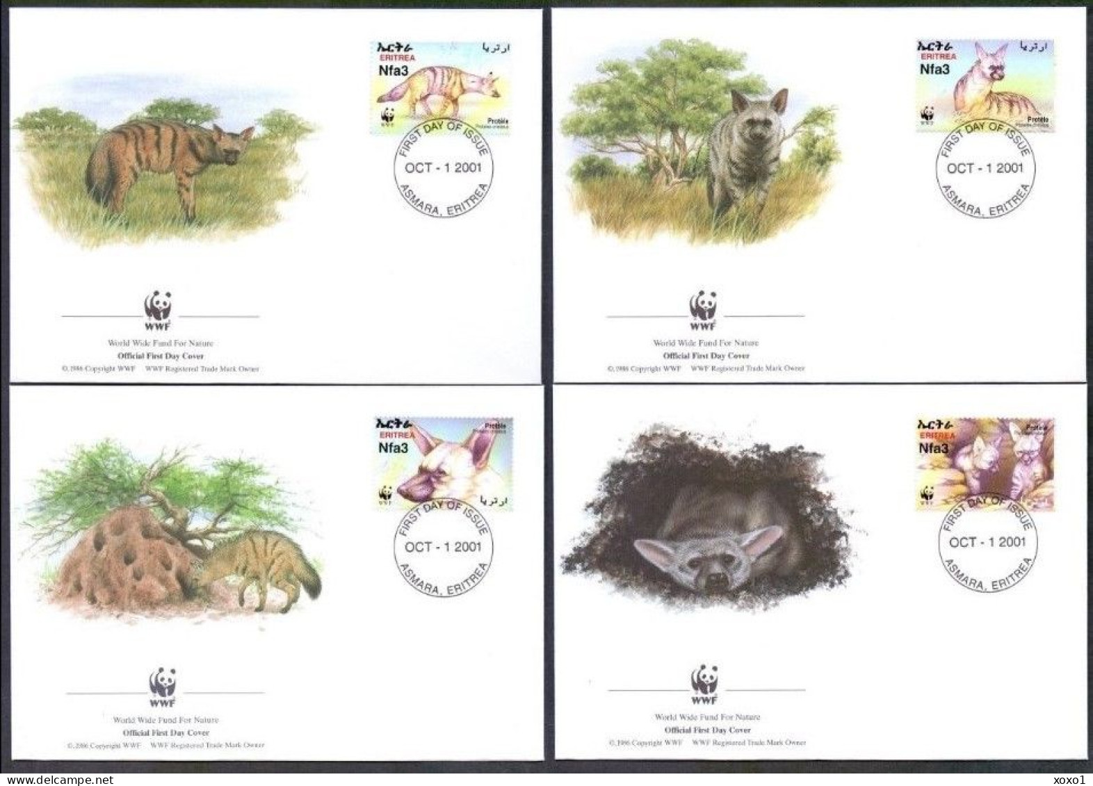 ERITREA 2001 MiNr. 254 - 257 ANIMALS, Dogs, The Aardwolf (Proteles Cristatus)   WWF 4 FDC  3.60 € - Erythrée