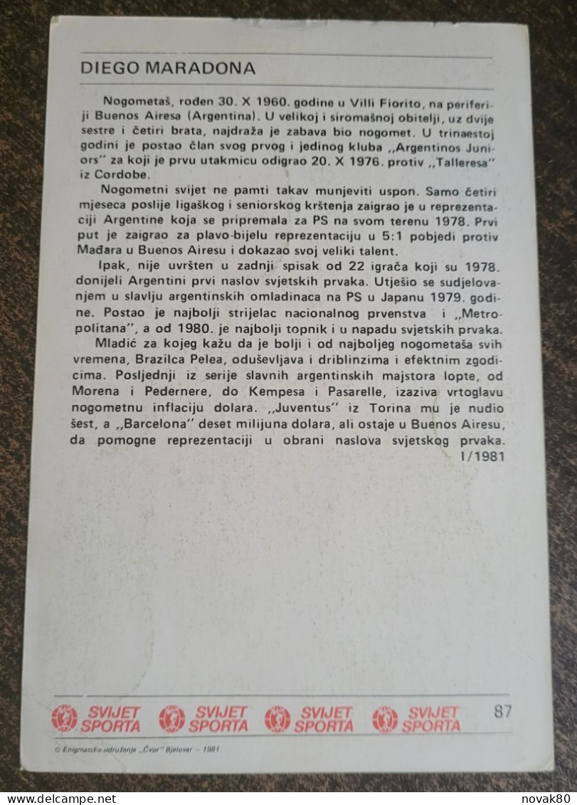 Soccer / Football - Trading Card From Ex Yugoslavia - "SVIJET SPORTA" - DIEGO MARADONA, Argentina  I /1981. No. 87 - Autres & Non Classés