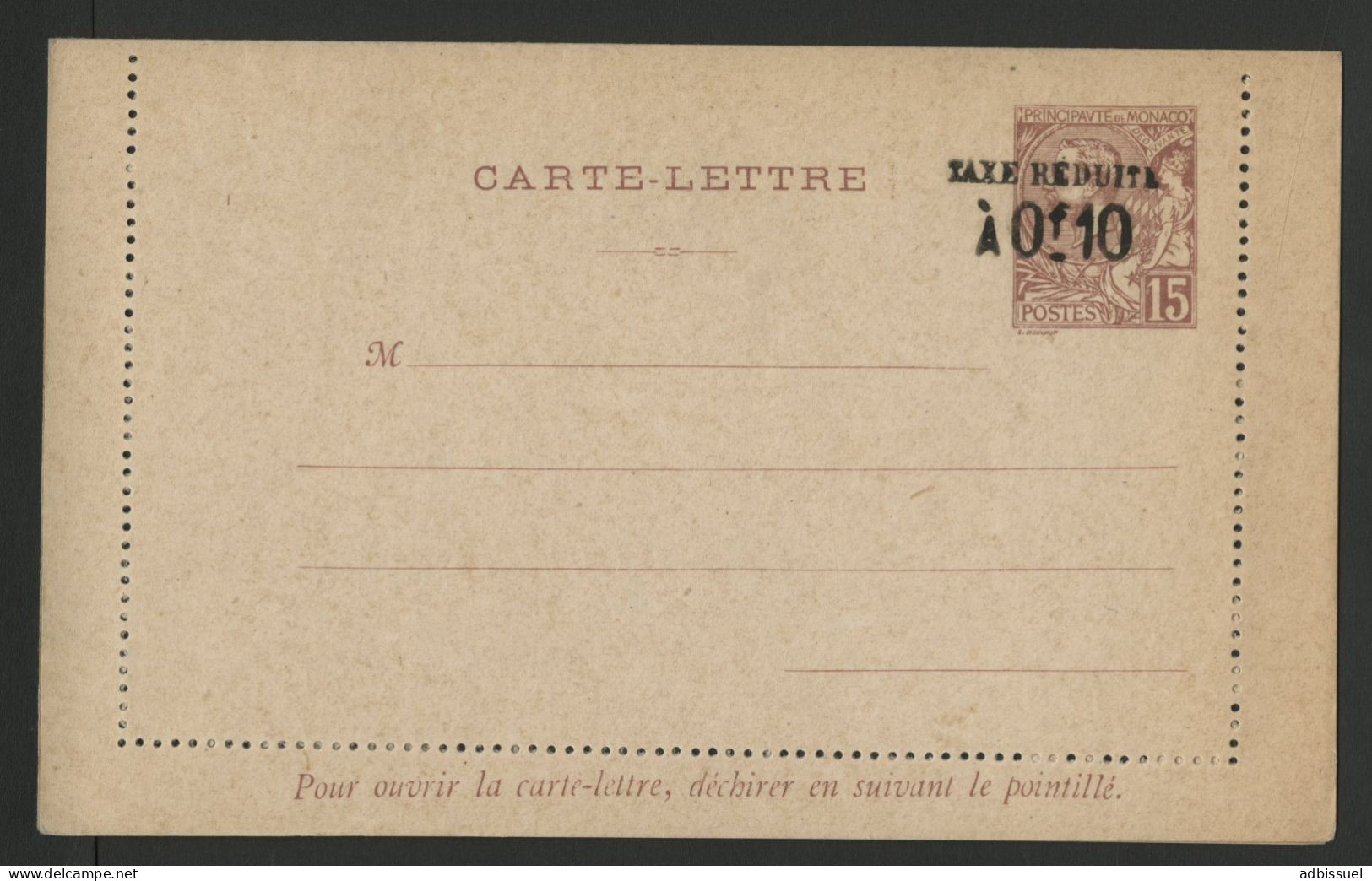 Carte-Lettre Neuve COTE 30 € 15ct Brun Albert 1er Surchargé "Taxe Réduite à 0F10". N° H3 - Entiers Postaux